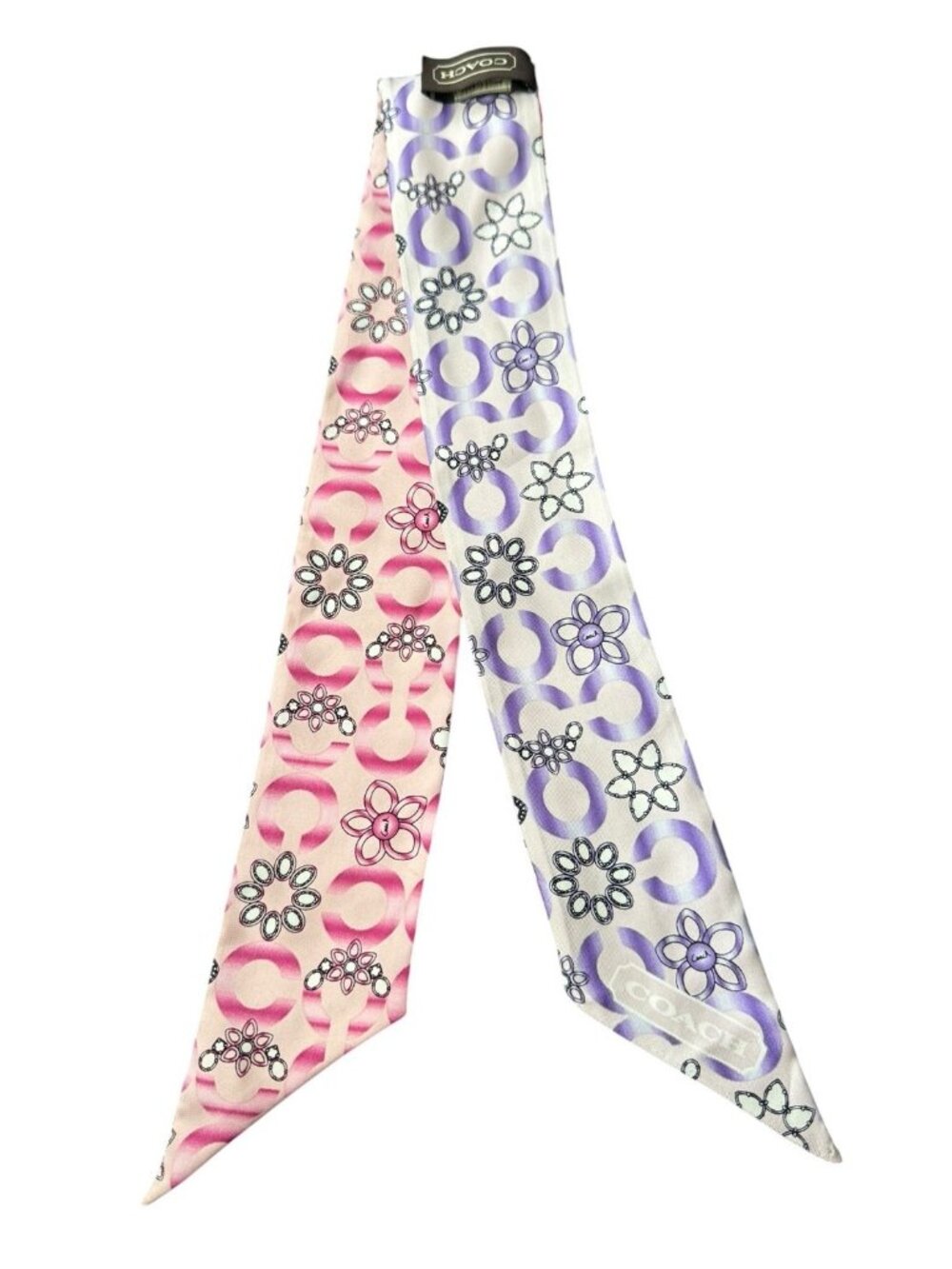 Coach 100% Silk Y2K Skinny Bag Hair Scarf Signature Logo Purple Pink Floral